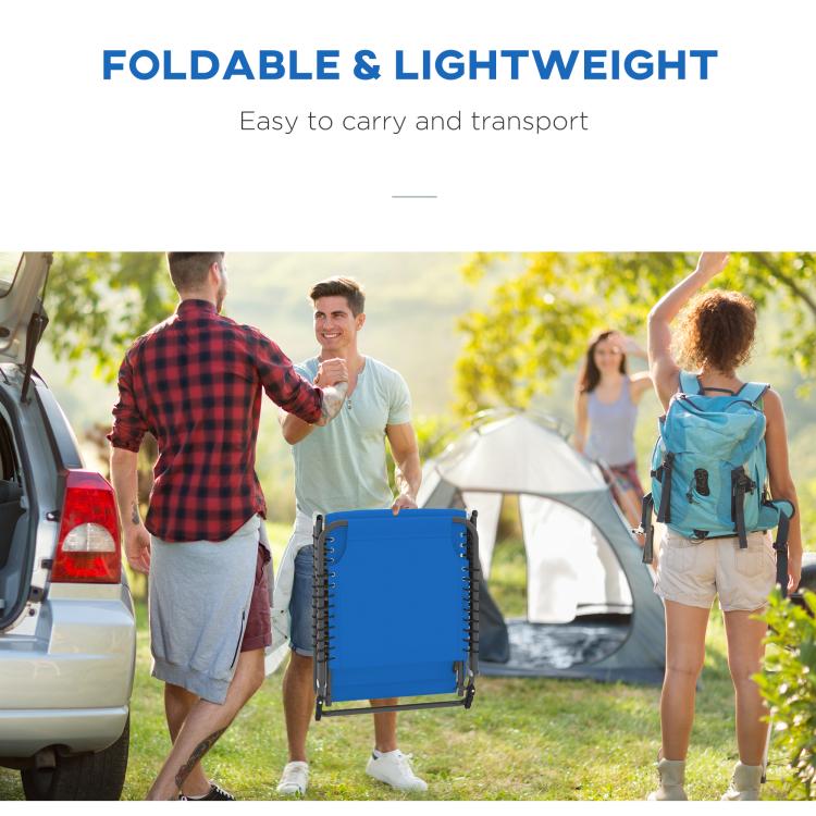 Foldable lightweight blue chaise lounge chair with reclining back and mesh seat