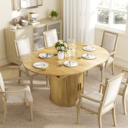 Natural wood round dining table with fluted sliding doors and two-tier storage shelf