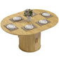 Natural wood extendable round dining table with tabletop storage doors on pedestal base
