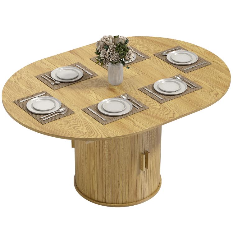 Natural wood extendable round dining table with tabletop storage doors on pedestal base