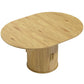 Natural wood dining table with oval top and cylindrical pedestal base with door
