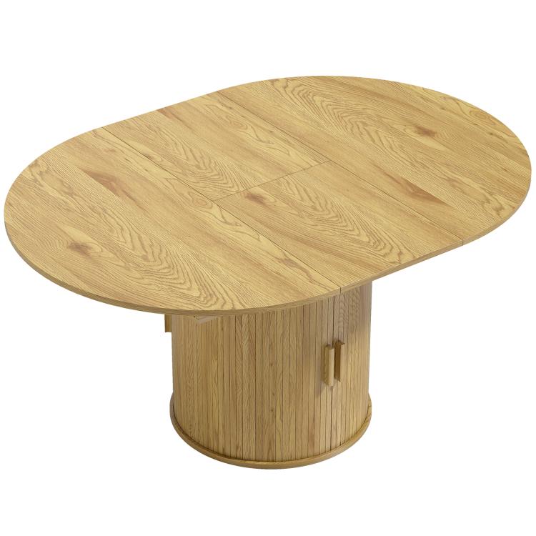 Natural wood dining table with oval top and cylindrical pedestal base with door