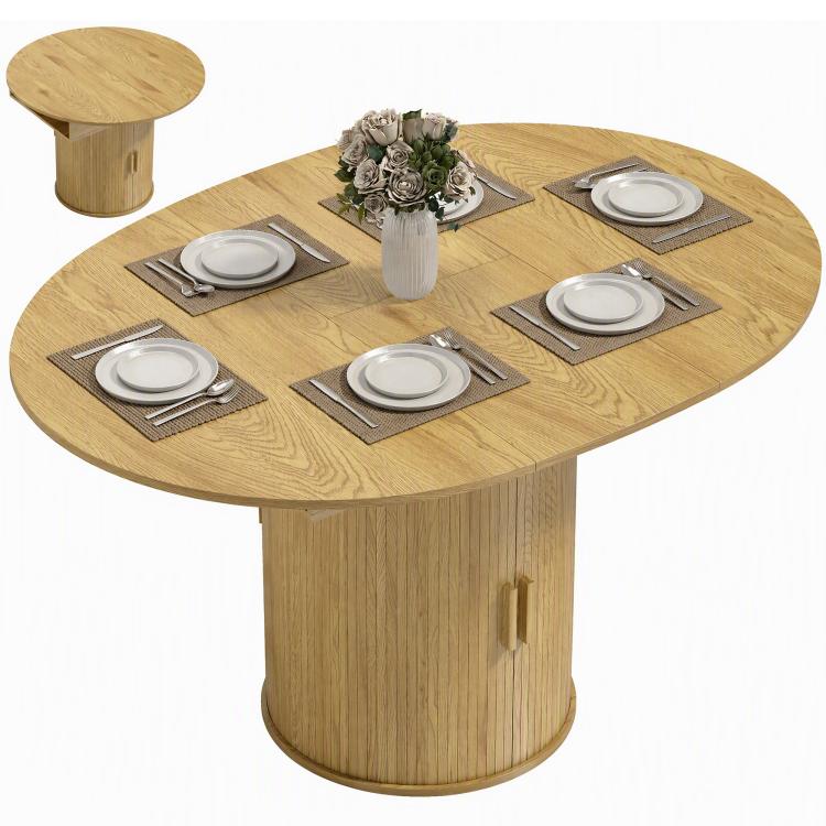 Natural wood round dining table with open tabletop edge and fluted sliding door detail