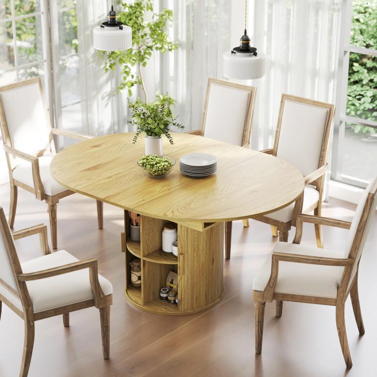 Natural wood dining table with built-in two-tier storage base and smooth rounded corners