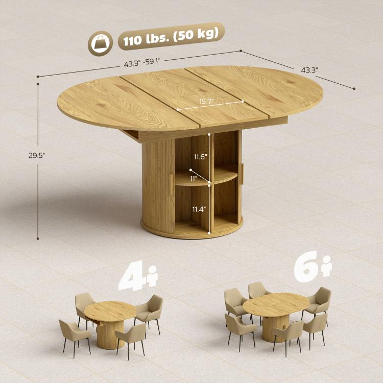 Natural wood round extendable dining table with two-tier storage shelf and curved base