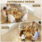 Extendable natural wood dining table accommodating 4 to 6 people with storage base