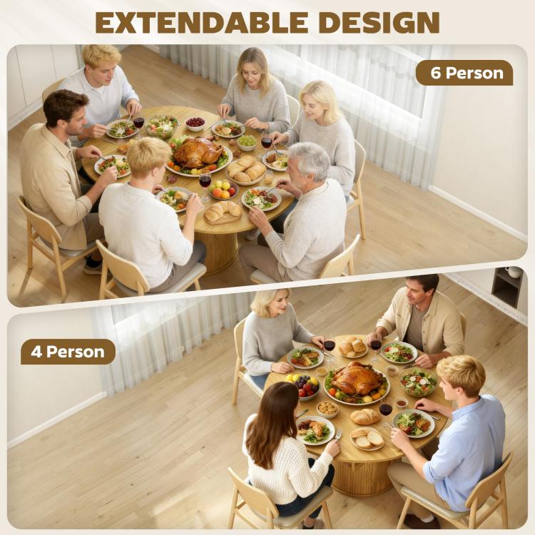 Extendable natural wood dining table accommodating 4 to 6 people with storage base