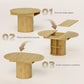 Natural wood extendable round dining table showing pull-apart and slide-in extension boards