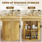 Natural wood dining table with open two-tier storage shelf behind fluted sliding doors