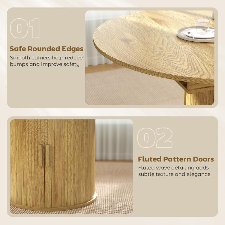 Natural wood round dining table with safe rounded edges and fluted pattern doors