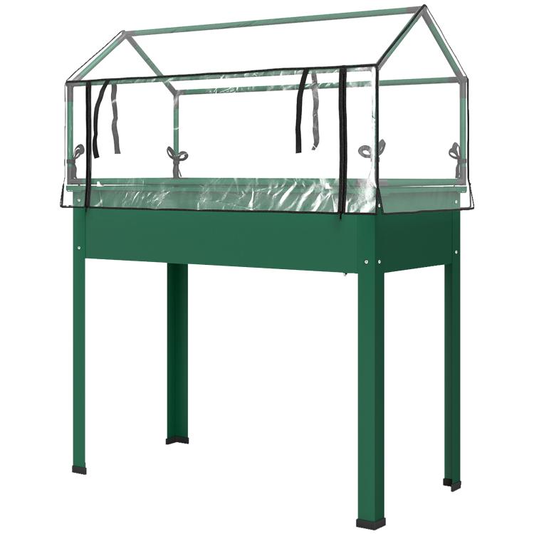 Green raised bed greenhouse cover with zip side panels and vented front