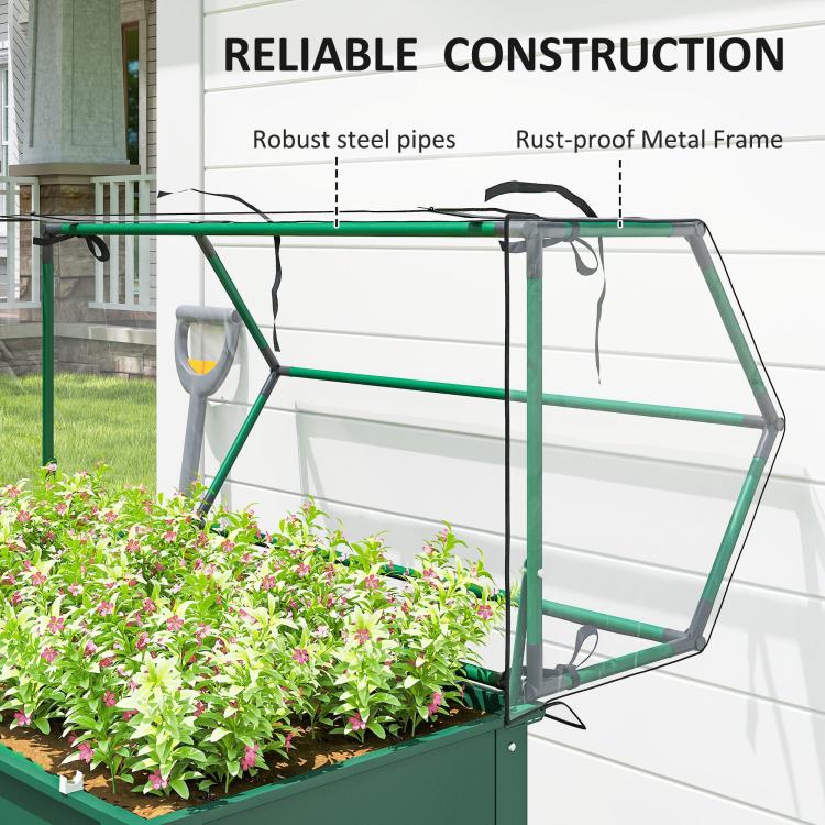 Green greenhouse raised garden bed with rust-resistant metal frame and clear panels