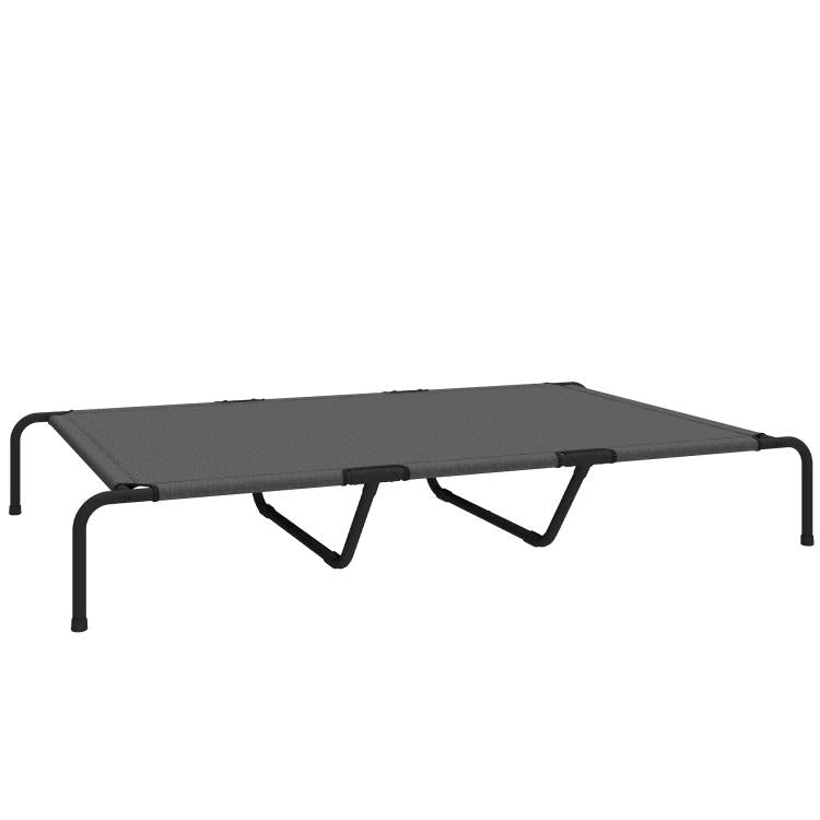 Gray elevated dog bed with dark fabric cover and raised metal legs