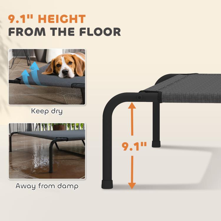 Dog bed height diagram from floor, gray mesh top on black metal frame