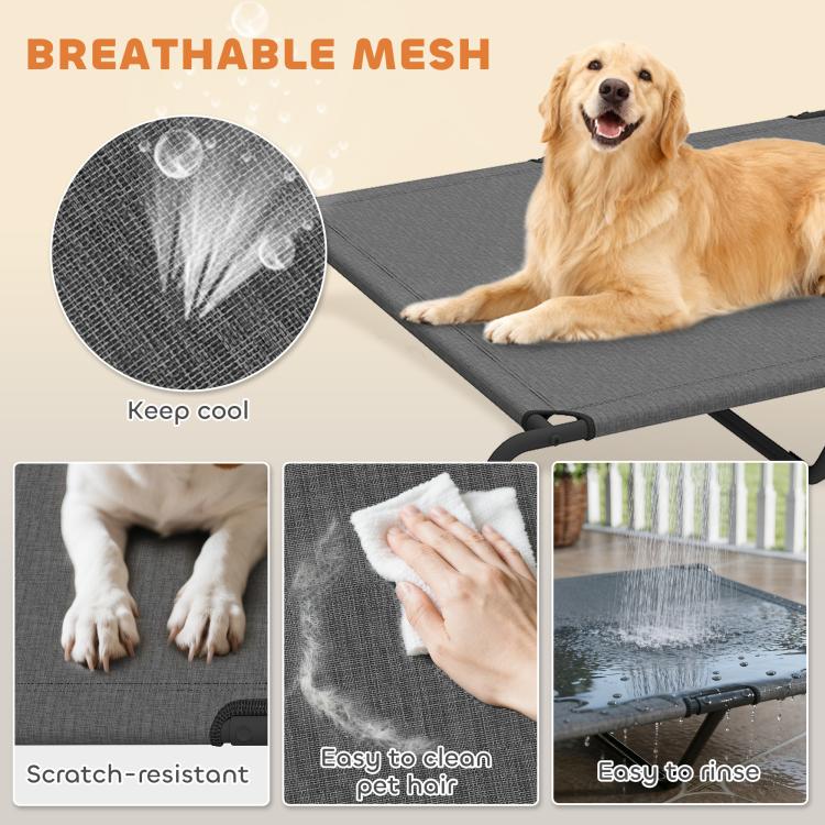 Breathable gray mesh elevated dog bed with black metal frame and rounded corner braces