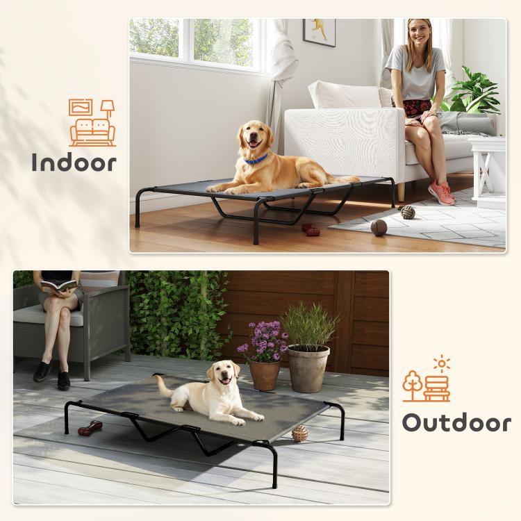 Elevated gray mesh dog bed for indoor and outdoor use, black metal frame layout