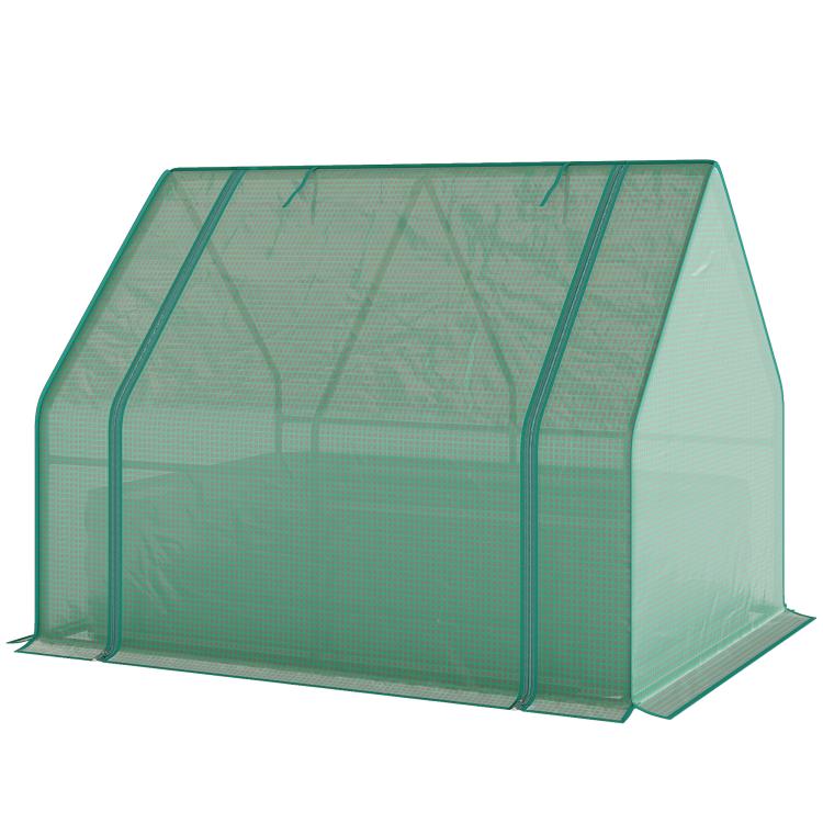 Green mesh mini greenhouse cover over dark gray raised garden bed, three-sided design