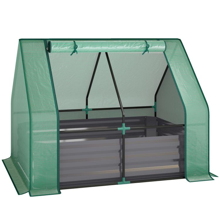 Raised garden bed with mini greenhouse frame, side panels and dark gray base