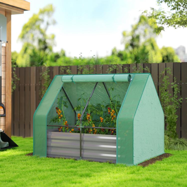 Green mini greenhouse raised bed with dark gray planter base and open front doors