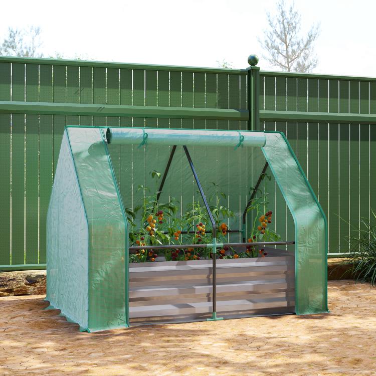 Green framed mini greenhouse raised garden bed with dark gray slatted planter panels