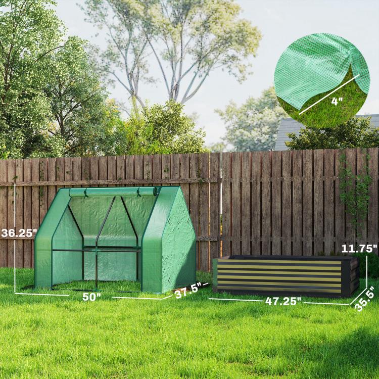 Green mini greenhouse cover with dark gray raised planter bed for outdoor gardening