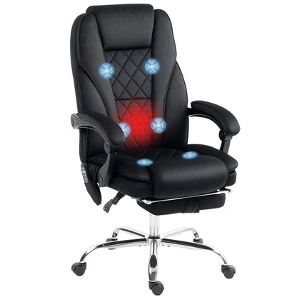 Black heated reclining office chair with padded headrest, massager lights, and footrest.