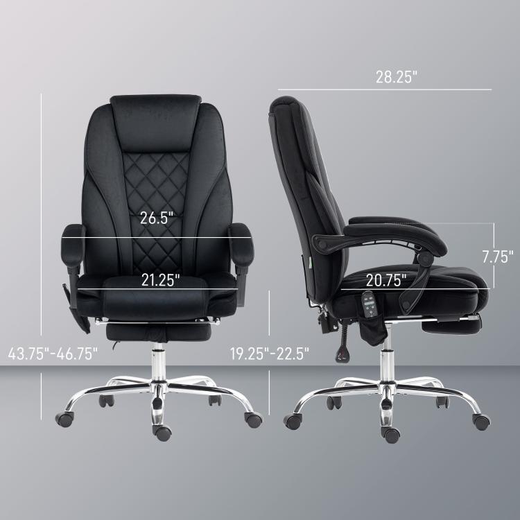Black massage office chair with size guide lines; padded backrest and height-adjust base.