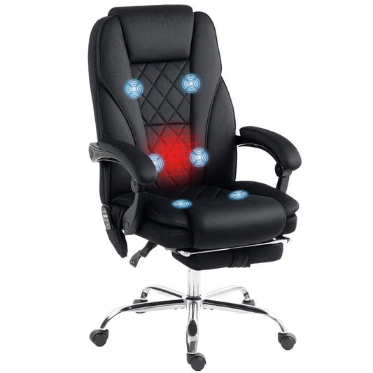Black heated reclining office chair with padded headrest, massager lights, and footrest.