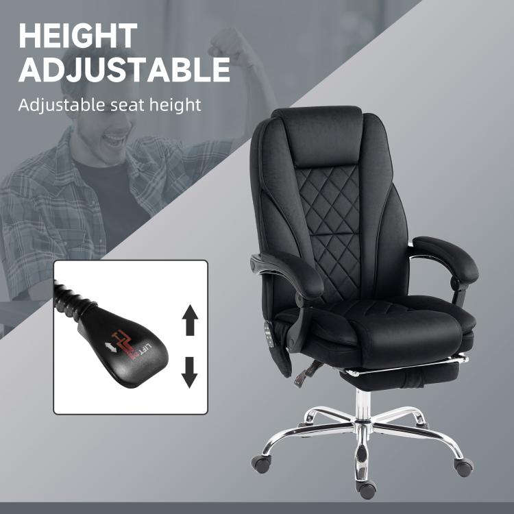 Black adjustable-height massage office chair with quilted back and curved armrests.