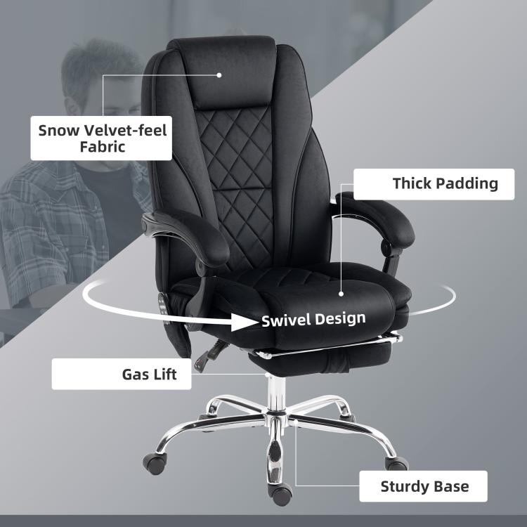 Black massage office chair with swivel base, thick padding, and quilted back design.