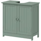 Green under-sink vanity cabinet with two doors, round knobs, and vertical recessed panels