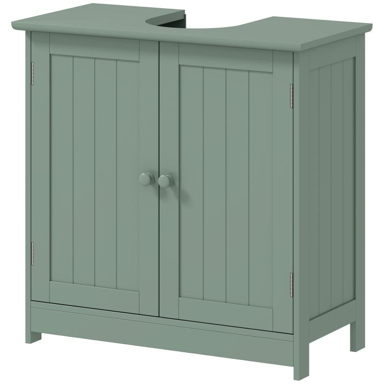 Green under-sink vanity cabinet with two doors, round knobs, and vertical recessed panels