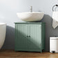 Dark green under-sink cabinet with two doors, round knobs, and flat top counter area