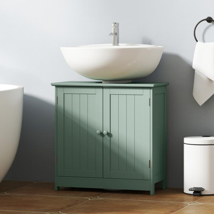 Dark green under-sink cabinet with two doors, round knobs, and flat top counter area
