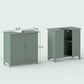 Green bathroom vanity cabinet dimension view: left door front, right open interior shelf