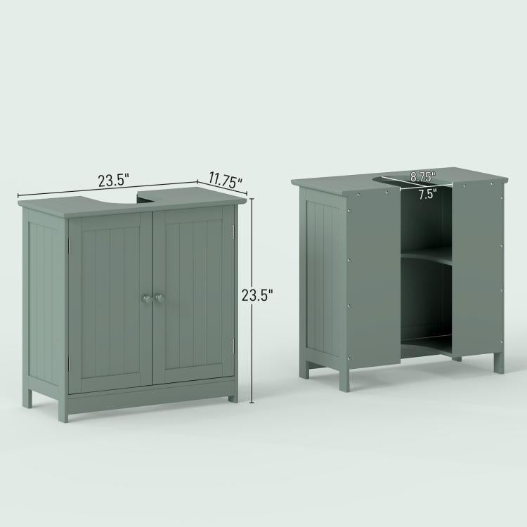Green bathroom vanity cabinet dimension view: left door front, right open interior shelf