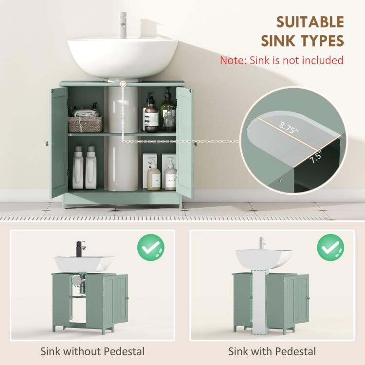 Green under-sink cabinet with two doors, shown opened with storage inside and measures