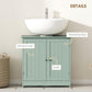 Green vanity cabinet front with painted surface, vertical panel doors, and knob hardware