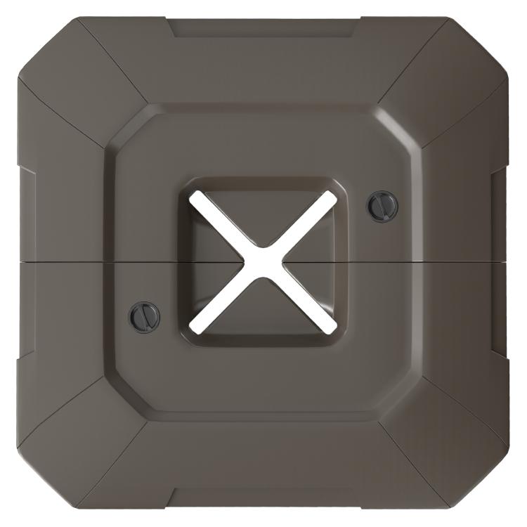 Brown fillable umbrella base weight with X cover, fill cap, and side dial