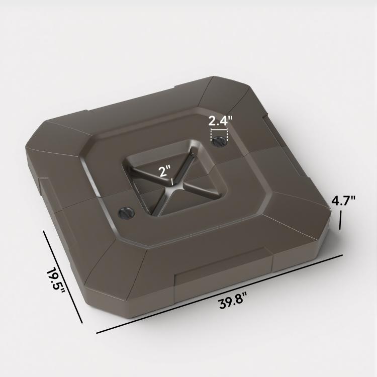 Brown umbrella base weight block with measurements: 39.8 in x 19.5 in