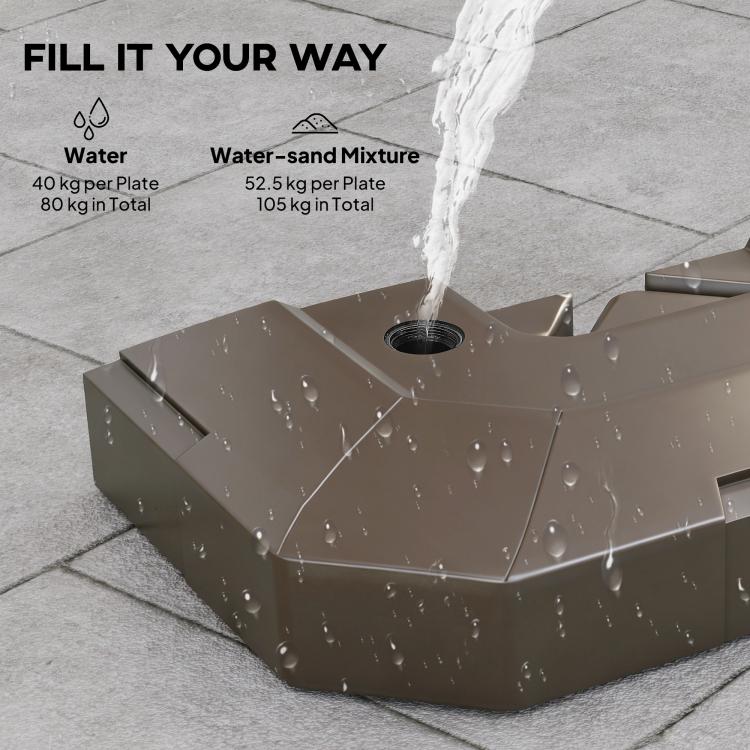 Brown filled umbrella base weights with drain caps and top fill opening