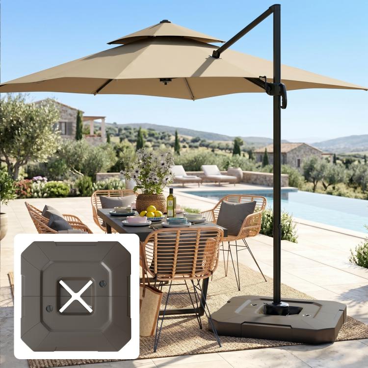 Brown two-piece umbrella base weight set for outdoor cantilever umbrella