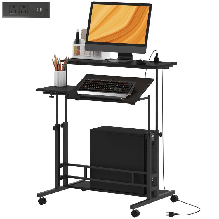 Black adjustable standing desk with tiltable work surface, keyboard tray, storage shelf, wheels.