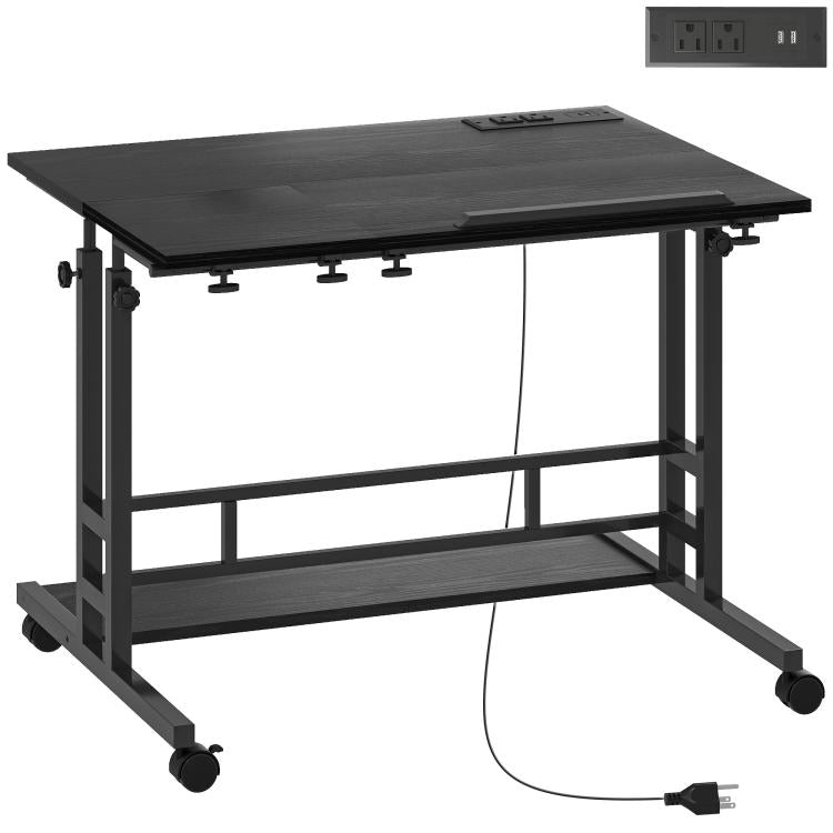 Black adjustable standing desk with tiltable top, lower shelf, caster wheels, power strip