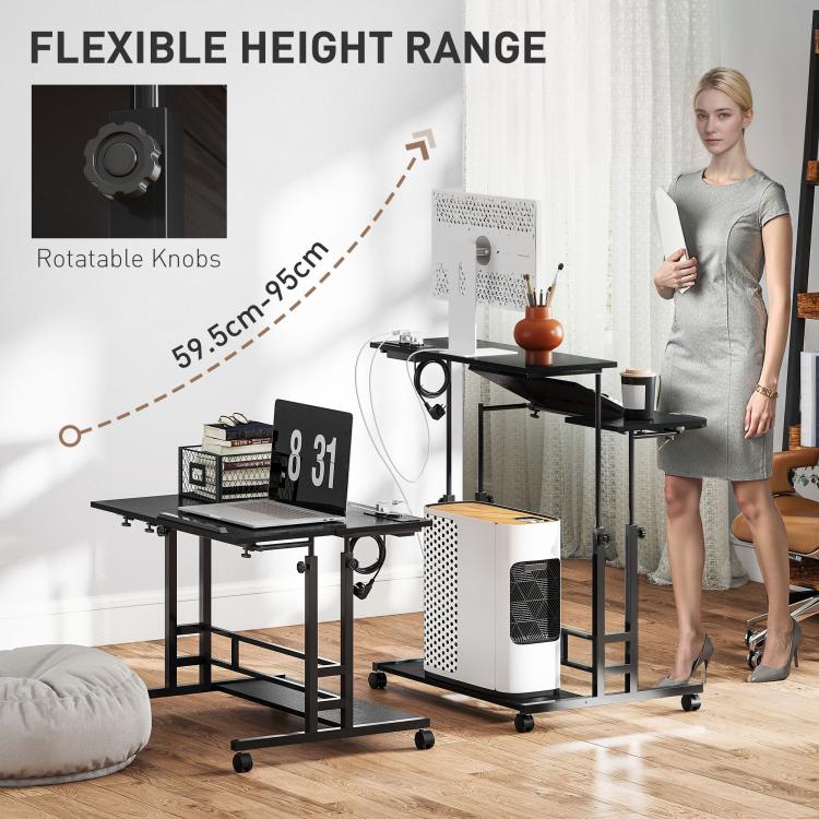 Black standing desk with height adjustment knobs, tilting tabletop, keyboard tray, wheels.