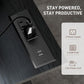 Black desk power panel with two AC outlets and two USB ports on the tabletop.