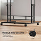 Black desk base with four caster wheels, two with brakes, for secure mobility.