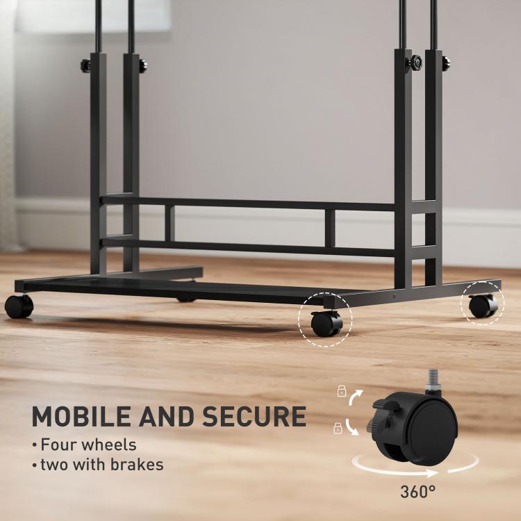 Black desk base with four caster wheels, two with brakes, for secure mobility.