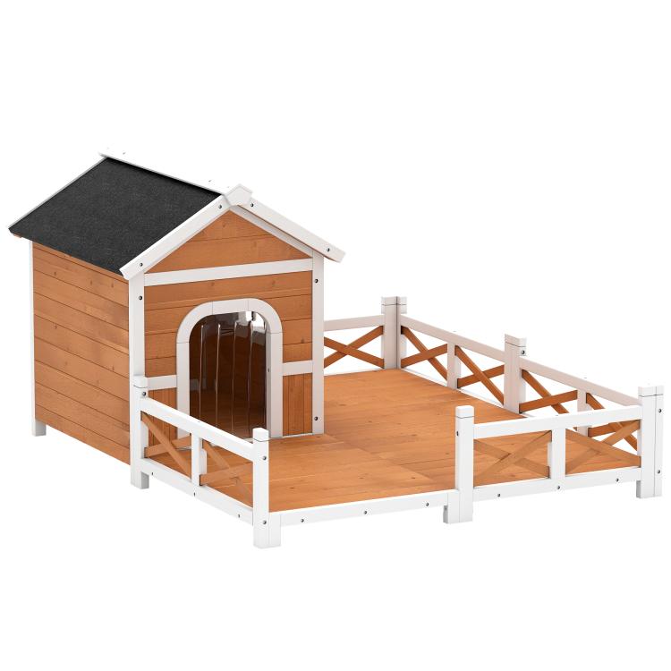 Wooden dog shelter with arched entry, fenced porch, and angled black roof