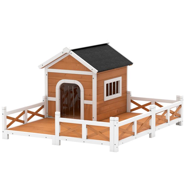 Wooden outdoor dog house with elevated porch, arched doorway, hinged slanted roof